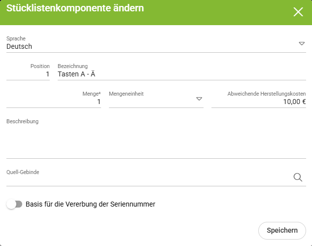 Angaben Stücklistenkomponente